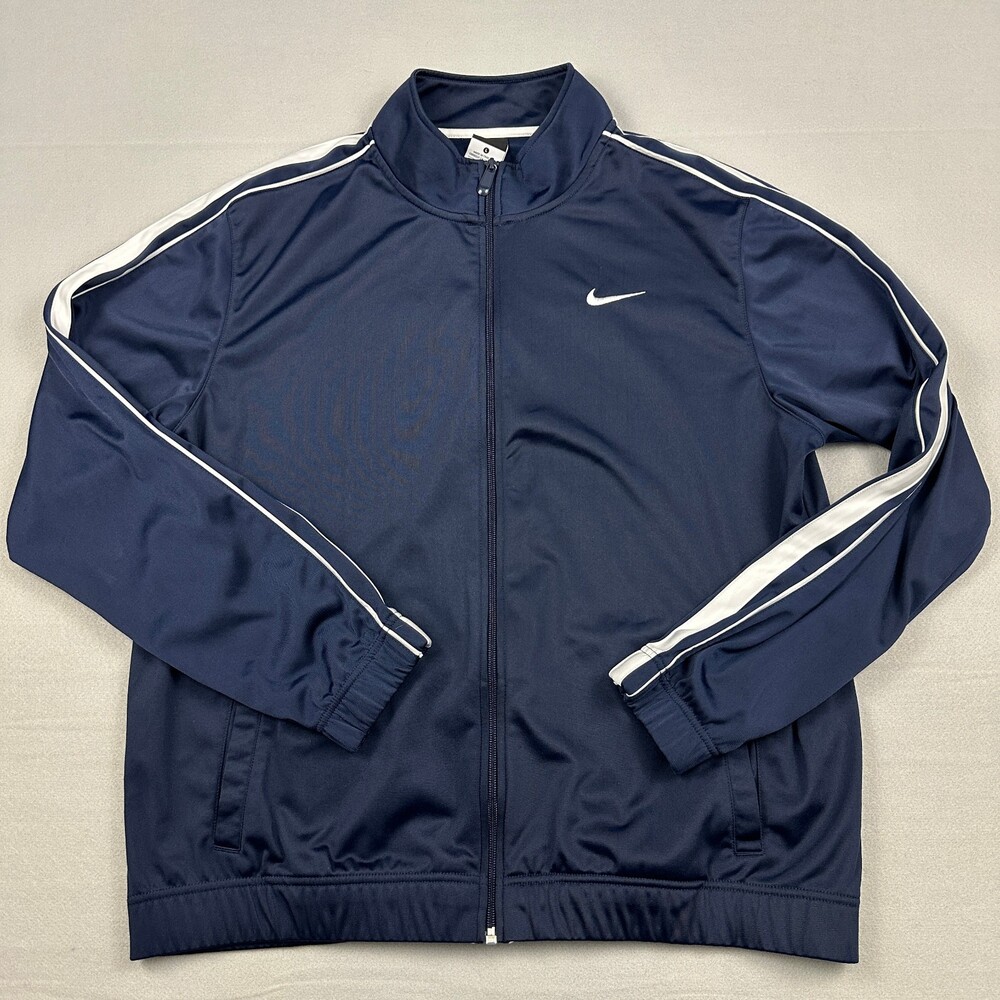 Nike Jacket Men Large Navy Blue White Stripe Full Zip Windbreaker Swoosh L